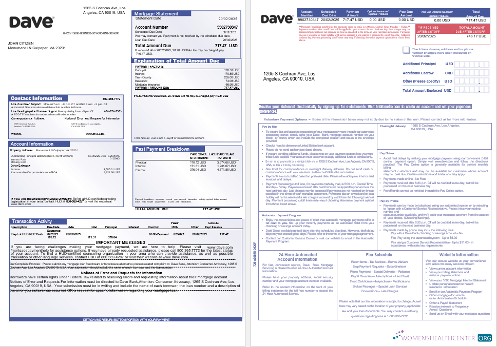 Download USA Dave bank mortgage statement in Word and PDF formats, 3 pages 1 2 Photoshop template